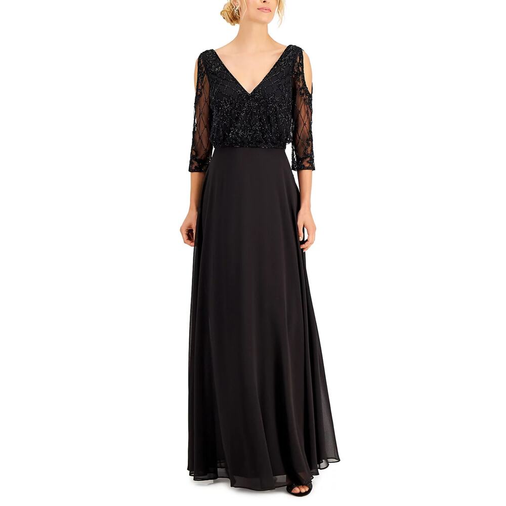 JKara Women's Beaded Cold Shoulder Long A-Line Evening Gown Black Size 4 Dress